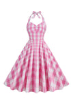 Rosa Grimma Plaid Vintage Klänning med Rosett