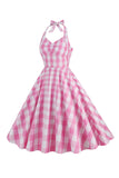 Rosa Grimma Plaid Vintage Klänning med Rosett