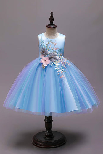 A Linje blå bowknot flickor klänningar med Applikationer