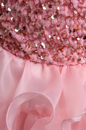 Puffärmar Rosa paljetterade tjejklänningar med rosett