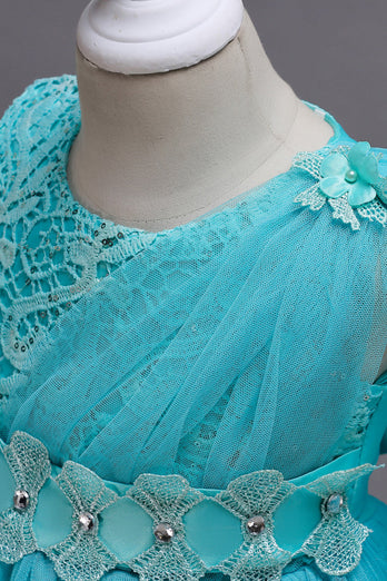 Blå A Linje Bowknot Flicka festklänning med 3D-blommor