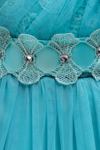 Blå A Linje Bowknot Flicka festklänning med 3D-blommor