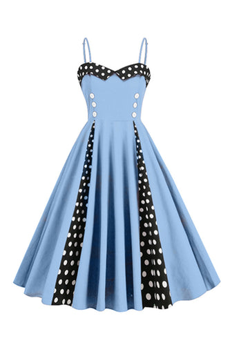 Ljusblå Prickar Spaghetti Remmar 1950-tals klänning