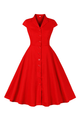 Röd V-ringad Klänning 1950-tals med korta ärmar