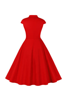 Röd V-ringad Klänning 1950-tals med korta ärmar