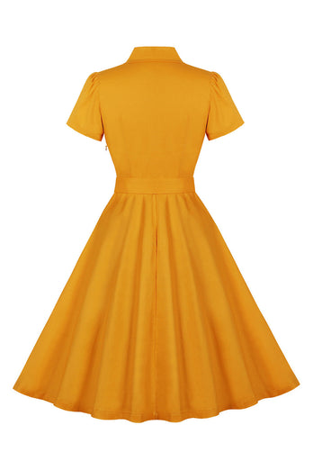 Gul Swing V-ringad vintage klänning med korta ärmar