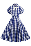 Rosa rutig bowknot 1950-talsklänning med korta ärmar