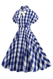 Rosa rutig bowknot 1950-talsklänning med korta ärmar