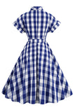 Rosa rutig bowknot 1950-talsklänning med korta ärmar