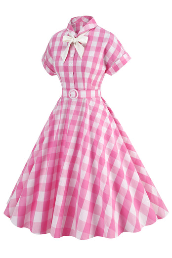 Rosa rutig bowknot 1950-talsklänning med korta ärmar