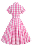 Rosa rutig bowknot 1950-talsklänning med korta ärmar