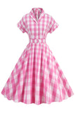 Rosa rutig bowknot 1950-talsklänning med korta ärmar