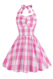 Grimma Plaid ärmlös rosa vintage flickklänningar
