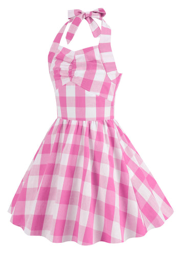 Grimma Plaid ärmlös rosa vintage flickklänningar