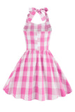 Grimma Plaid ärmlös rosa vintage flickklänningar
