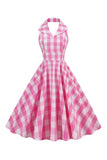 Rosa Pin Up Pläd 1950-tals Vintage Klänning