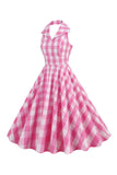 Rosa Pin Up Pläd 1950-tals Vintage Klänning