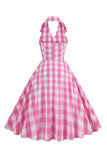 Rosa Pin Up Pläd 1950-tals Vintage Klänning