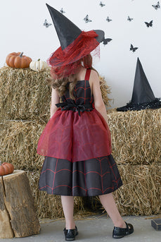 Vinröda Remmar Tryckta Halloween Flicka Klänning med Rosett