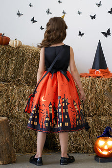 Orange Tryckt A-linje ärmlös Halloween Flicka Klänning med Rosett