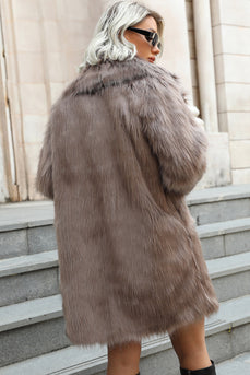 Khaki Midi Lapel Neck Kvinnor Faux Fur Coat