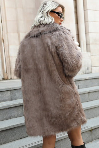 Khaki Midi Lapel Neck Kvinnor Faux Fur Coat