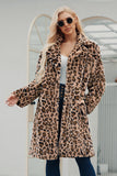 Brun hackad lapel leopard tryckt långa kvinnor fuskpäls