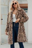 Brun hackad lapel leopard tryckt långa kvinnor fuskpäls