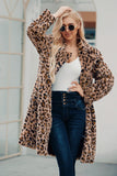 Brun hackad lapel leopard tryckt långa kvinnor fuskpäls