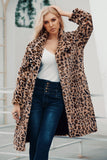 Brun hackad lapel leopard tryckt långa kvinnor fuskpäls