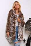 Brun leopard tryckt hackad lapel lång fuskpäls kvinnor kappa