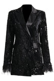 Glittrande Svart Peak Lapel Paljetter Damblazer med fjädrar