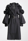 Khaki Notched Lapel Ruffled Long Trenchcoat