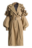 Khaki Notched Lapel Ruffled Long Trenchcoat