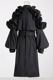 Khaki Notched Lapel Ruffled Long Trenchcoat