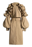 Khaki Notched Lapel Ruffled Long Trenchcoat