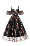 Off the Shoulder Blå 1950-talsklänning med broderi