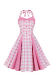 A Line Halter Neck Rosa Rutig Rosa 1950-tals Klänning
