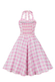 A Line Halter Neck Rosa Rutig Rosa 1950-tals Klänning