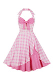 Retro Stilar A Line Halter Neck Rosa Rutig 1950-talsklänning