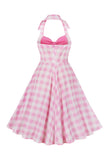 Retro Stilar A Line Halter Neck Rosa Rutig 1950-talsklänning