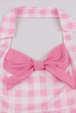 Retro Stilar A Line Halter Neck Rosa Rutig 1950-talsklänning