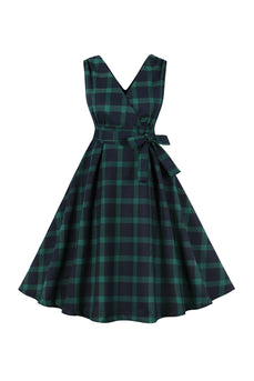 Grön rutig 1950-tals swingklänning med skärp