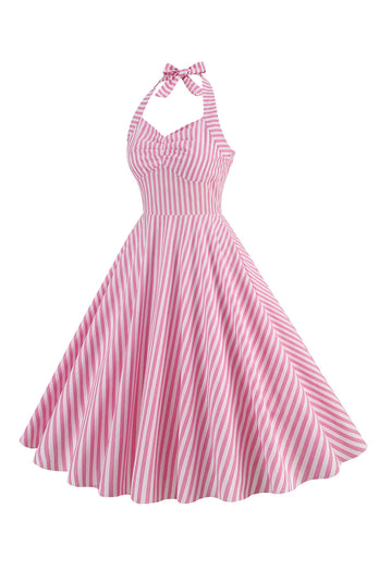 Rosa Stripes Halter Swing 1950-tals klänning