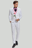 Vit Jacquard Satin 2-Delat Sjal Lapel Kostym Herr