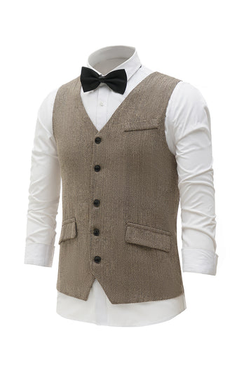 Khaki Enfärgad Single Breasted Shawl Lapel Kostymväst Herr