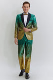 Guldgröna Herr 2-Delat Peak Lapel Paljett Kostym Herr