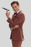 Tan Notched Lapel 3-Delat Enkelknäppt Kostym Set