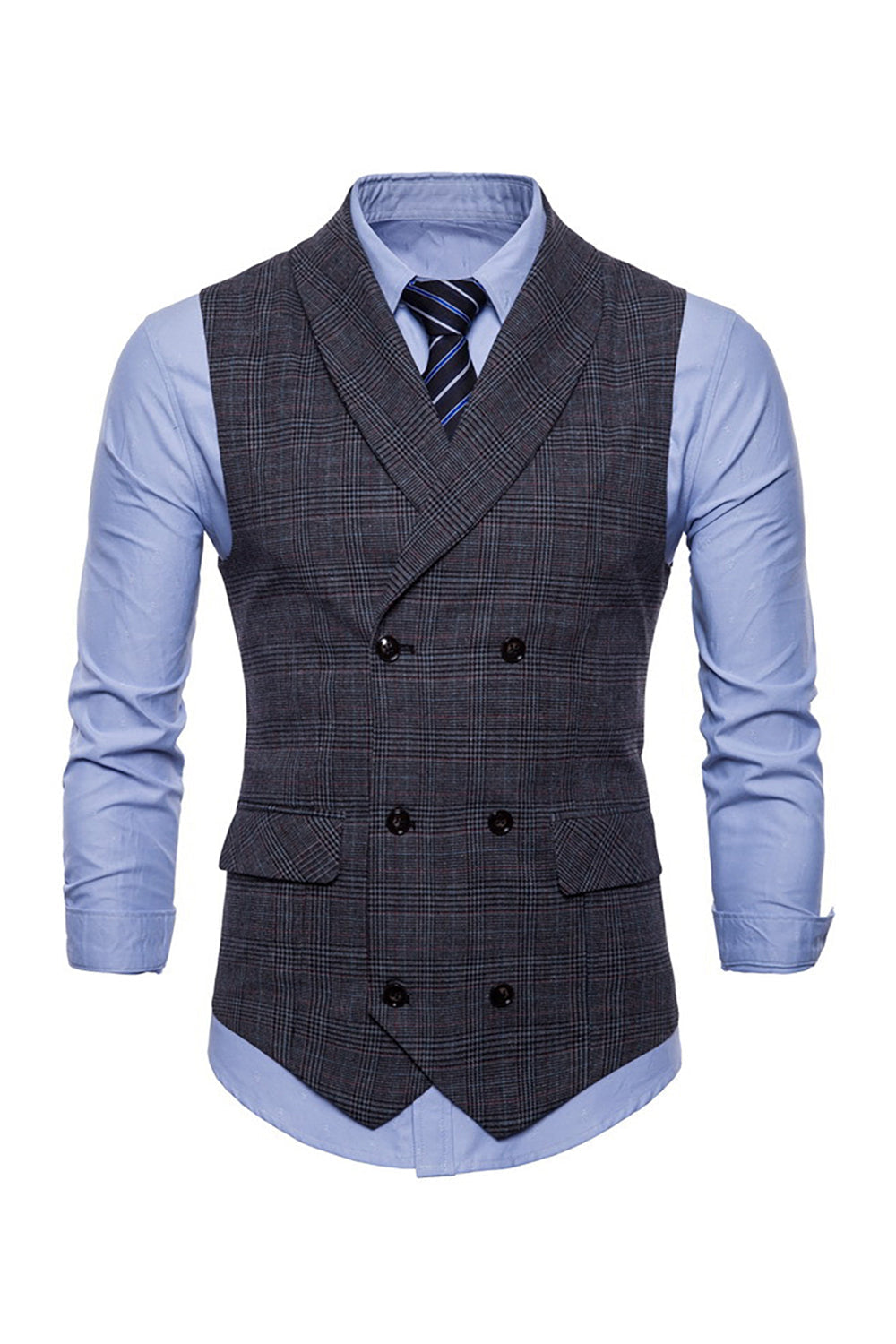 Grå Pinstripe Dubbelknäppt Sjal Lapel Kostymväst Herr
