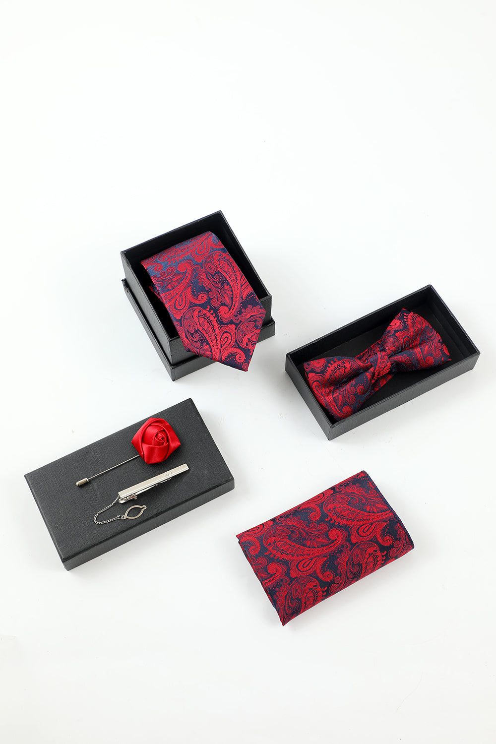 Vinröd Jacquard 5-delad tillbehörssats slips och fluga Ficka fyrkantig blomma Lapel Pin Tie Clip